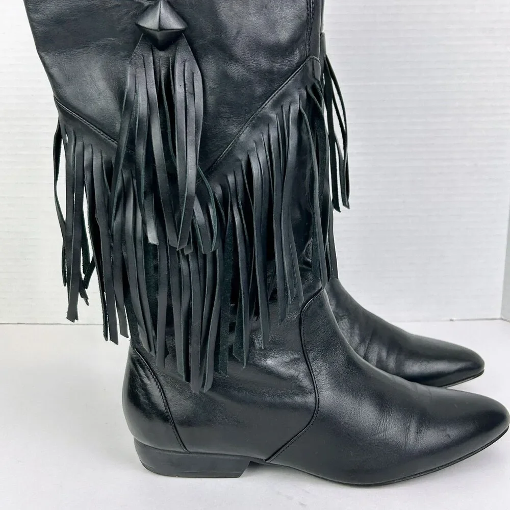 Pour La Victoire Western Cowboy Boots Mid Calf Fringe Leather Pointed Toe 7.5